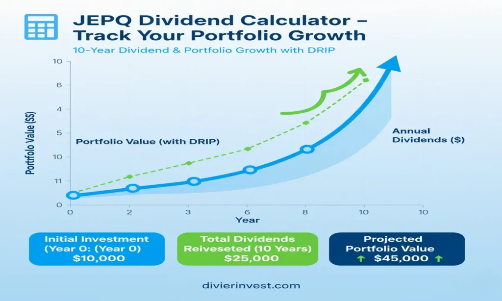 JEPQ Dividend Calculator showing 10-year portfolio growth and reinvested dividends using DRIP plan
