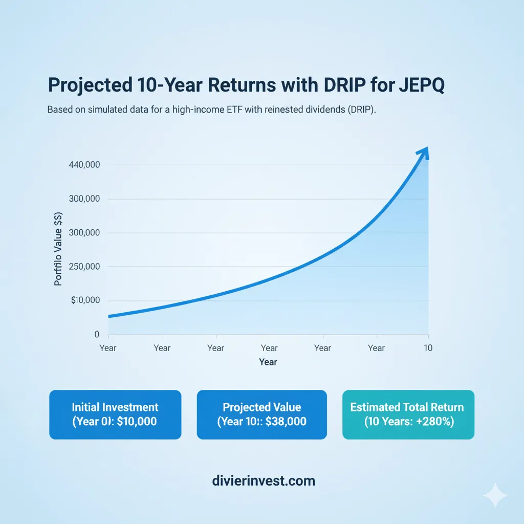 JEPQ Dividend Calculator projection chart showing portfolio growth and total dividend reinvestment over 10 years