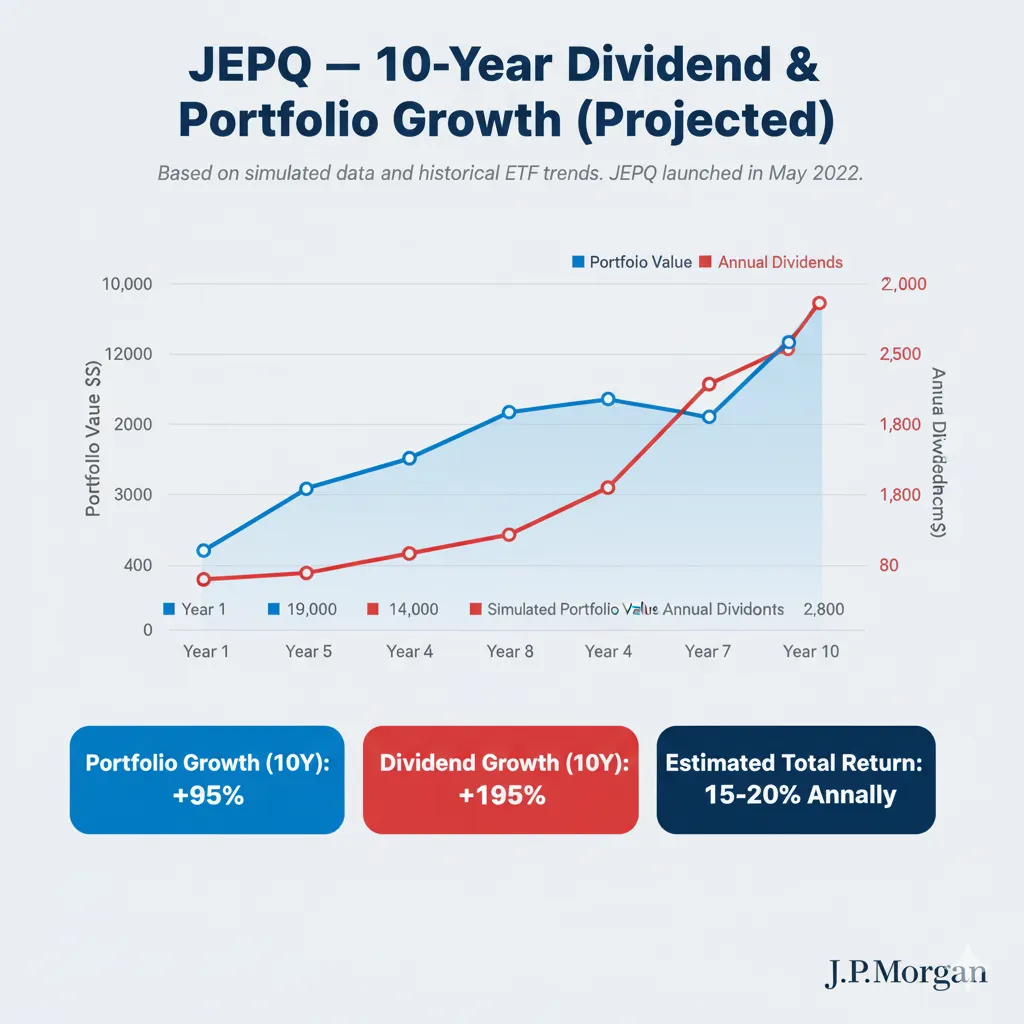 JEPQ Dividend Calculator chart showing 10-year dividend reinvestment and portfolio growth with DRIP