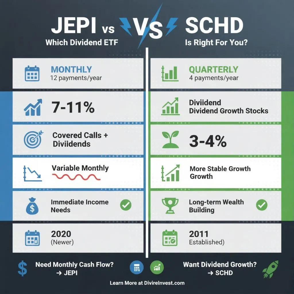 JEPI vs SCHD comparison chart showing monthly 7-11% yield versus quarterly 3-4% yield for dividend ETF investors
