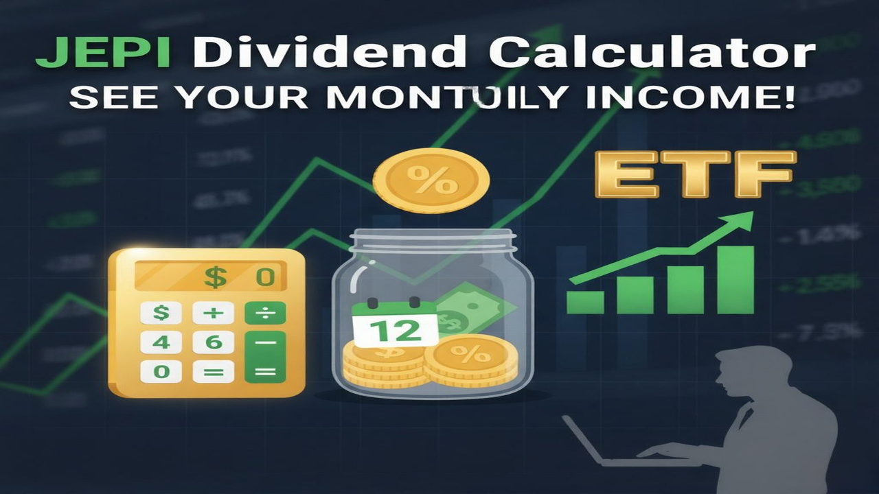 JEPI Dividend Calculator thumbnail showing calculator, money icons, and upward chart representing monthly dividend income estimation from JPMorgan Equity Premium Income ETF.