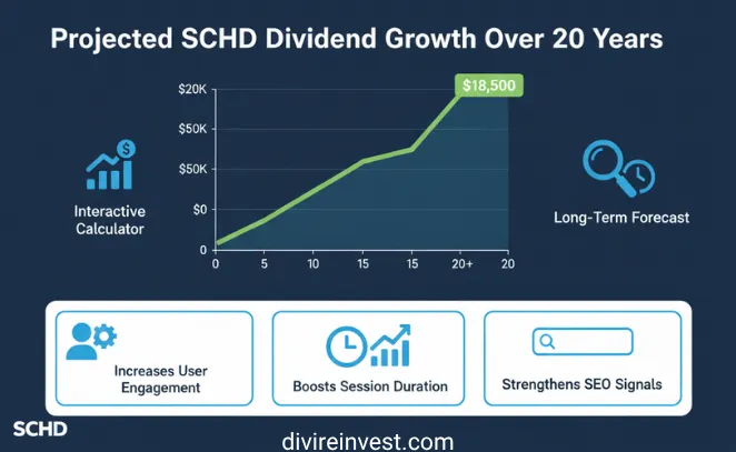 Chart showing projected SCHD portfolio value and annual dividends using the dividend reinvestment calculator over a 20-year period