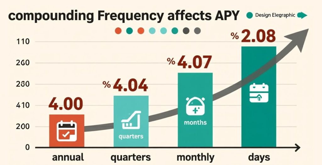 Bar chart infographic displaying how compounding frequency affects APY, showing annual at 4.00 percent, quarterly at 4.04 percent, monthly at 4.07 percent, and daily at 4.08 percent