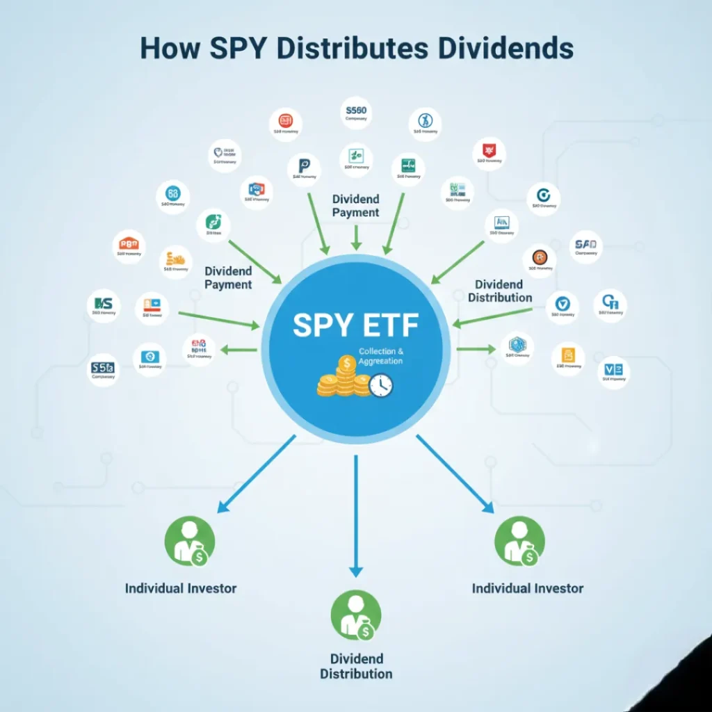 Infographic explaining SPY dividend distribution process from S&P 500 companies to investors