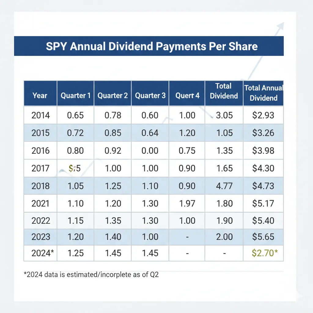 SPY dividend history table displaying annual dividend amounts per share from 2014 to 2024 Image 